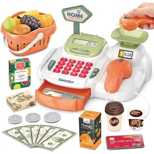 Cash Register 36PCS Supermarket Shop Toys with Electronic Sounds,Working Scanner,Calculator,Credit Card Reader,Play Food and Money Preschool Learning for Girl Boys Kids (Green)