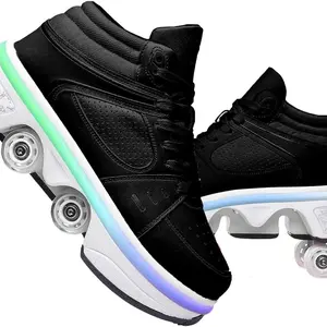 UonrvaoN Roller Skate Shoes For Men And Women, 4Wheel Retractable Roller Skates,2-in-1 Roller ShoesOutdoor Sneakers With Wheels Black light