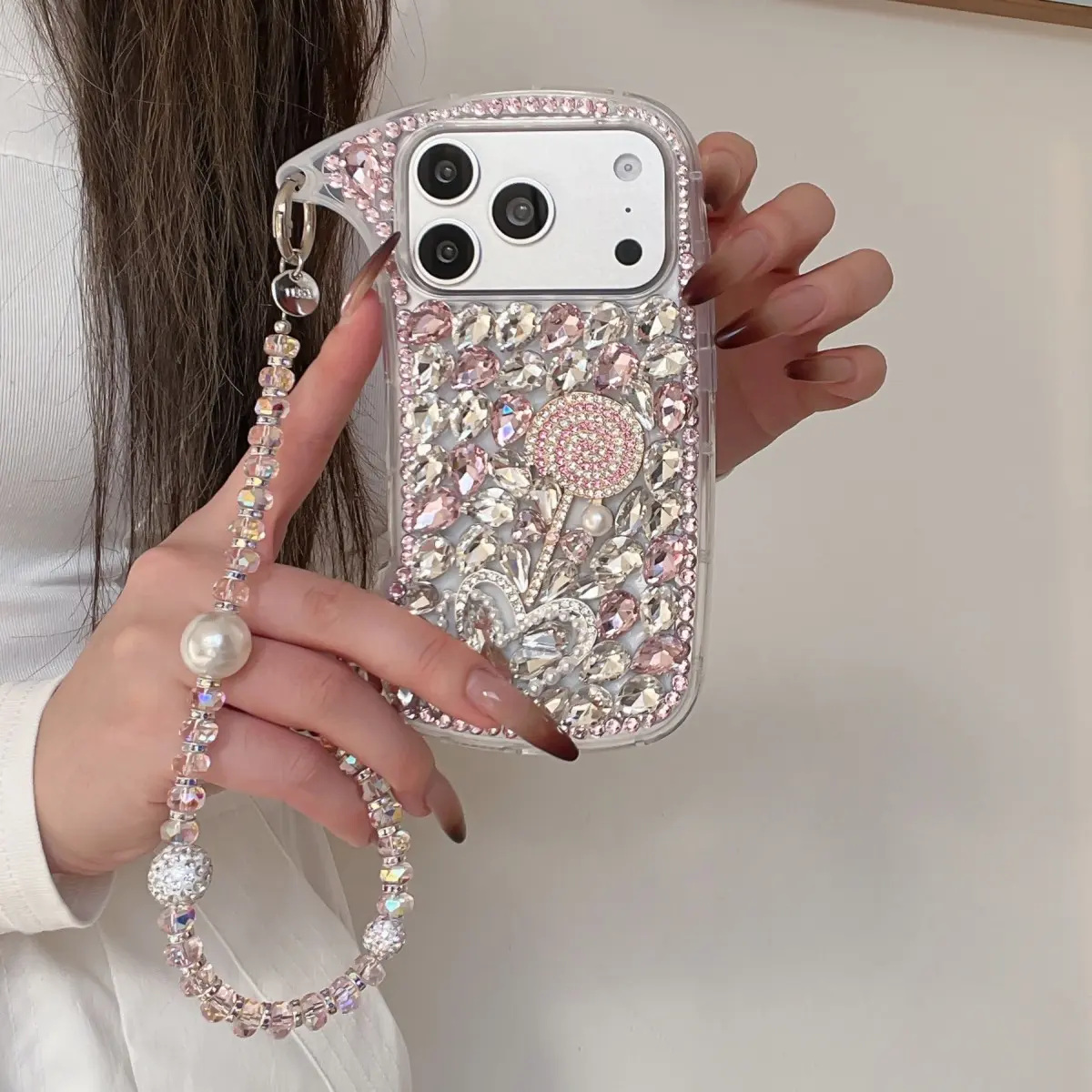 Stylish Glass Rhinestone Heart Lollipop Phone Case Bling Cover Protector, Luxury Bag Design with Sparkling Pearl Bracelet, Fits iPhone 13/14/15/16/17 Pro/plus/max, Protective Casing, Cellphone Accessory, Accessories, Mobile Phone Casing