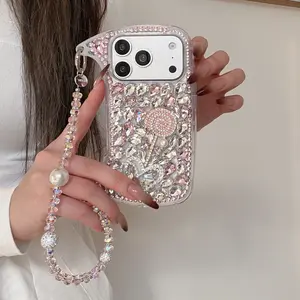 Stylish Glass Rhinestone Heart Lollipop Phone Case, Luxury Bag Design with Sparkling Pearl Bracelet, Fits iPhone 13/14/15/16/17 Pro/plus/max