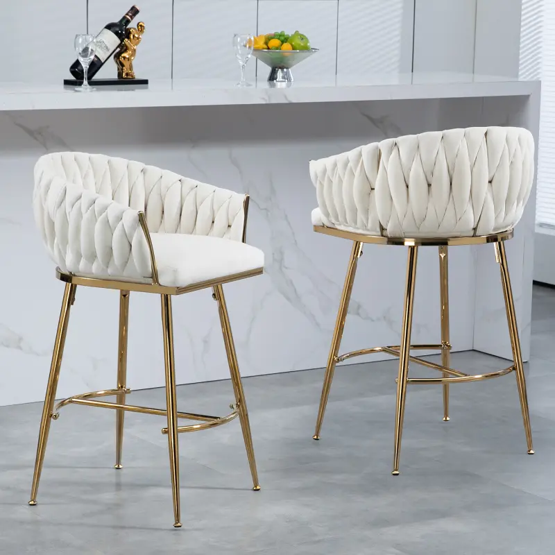 Beige 26'' Velvet Modern Chairs - Counter Height Kitchen Island Bar Stools with Hand-Wave Back, Golden Chromed Base and Footrest