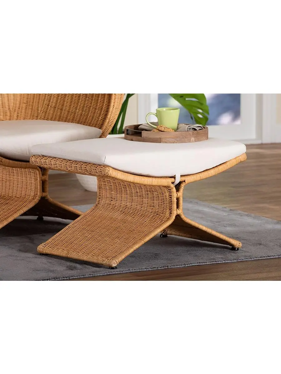 Bali & Pari 193271469291 Reya Natural Rattan Footstool - Sculptural Handwoven Ottoman with Pedestal Base for Boho, Light Honey, Living Room, Lounge