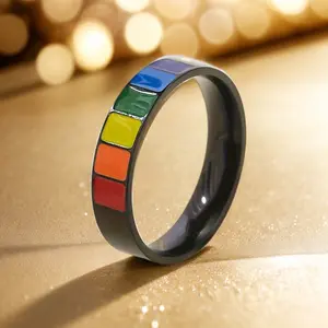 Fashionable Rainbow Square Ring in Stainless Steel, Unisex Fashion Jewelry Accessory for Daily Wear, Holiday Gift for Couples, Fashion Jewelry Accessories