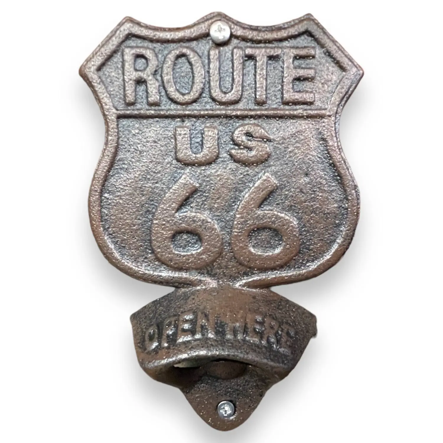 Route 66 Cast Iron Wall-Mounted Bottle Opener - Dark Antique Finish, Kitchen-Friendly Design with Raised Detail, Holes for Easy Kitchen Storage