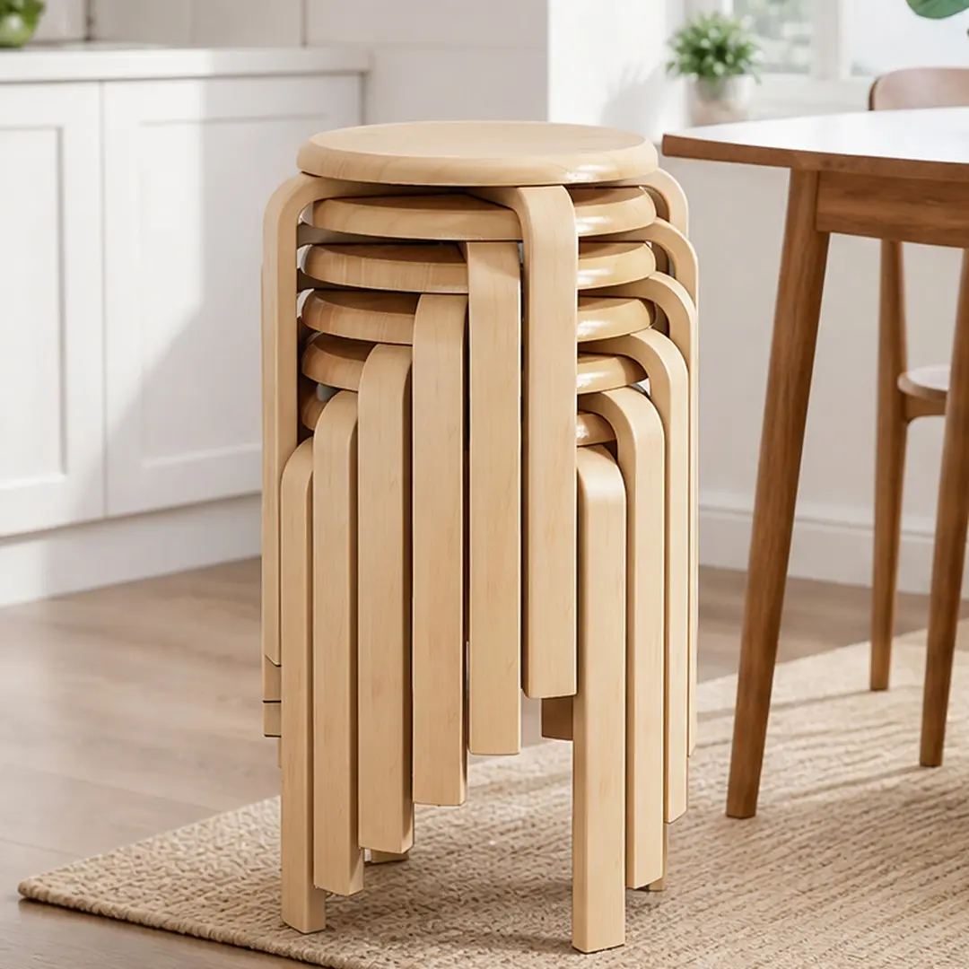 ARCH 6-Piece Stackable Bentwood Backless Indoor Stools, 18" Diameter MDF Natural Finish, 11.40" W x 11.40" D x 17.70" H, 23.20 lb, Anti-Slip Felt Pads, Space-Saving Nesting Design, Ready-to-Use, Avoid Harsh Chemicals or Abrasive Cleaners, for Dining Room