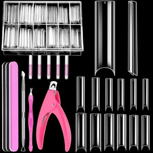 MORGLES 240 Pcs XXL Extra Long Clear Tapered Square Nail Tips Half Cover | ABS, Tapered Square Tips with Glue, Clipper, Files & Cuticle Tool, 12 Sizes 0-11, Works with Gel & Dip, for DIY, Home Use