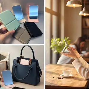 5pcs mini portable makeup mirrors, card size handheld pocket mirror, desktop foldable makeup mirror with stand, Portable Trifold Mirror, PU leather protective cover, daily travel essentials, ideal gift for women and girls, Portable Folding Mirror