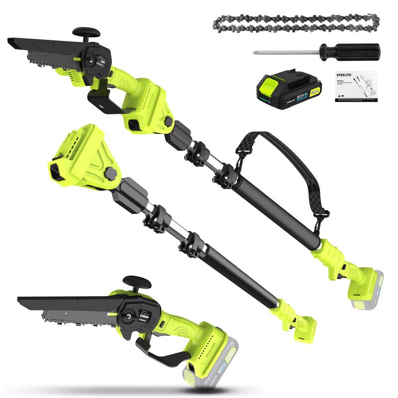 STEELITE Metal 2-in-1 Battery-Powered Brushless Motor Cordless Electric Pole Saw-Chainsaw Combo, 6-in, 21V Battery, Extension Pole, Spares+Strap, Rotating Head, Clean-Cut Handheld Tool for High Branch Trimming, Tree Cutting, Ground Cutting, Home Gardeners