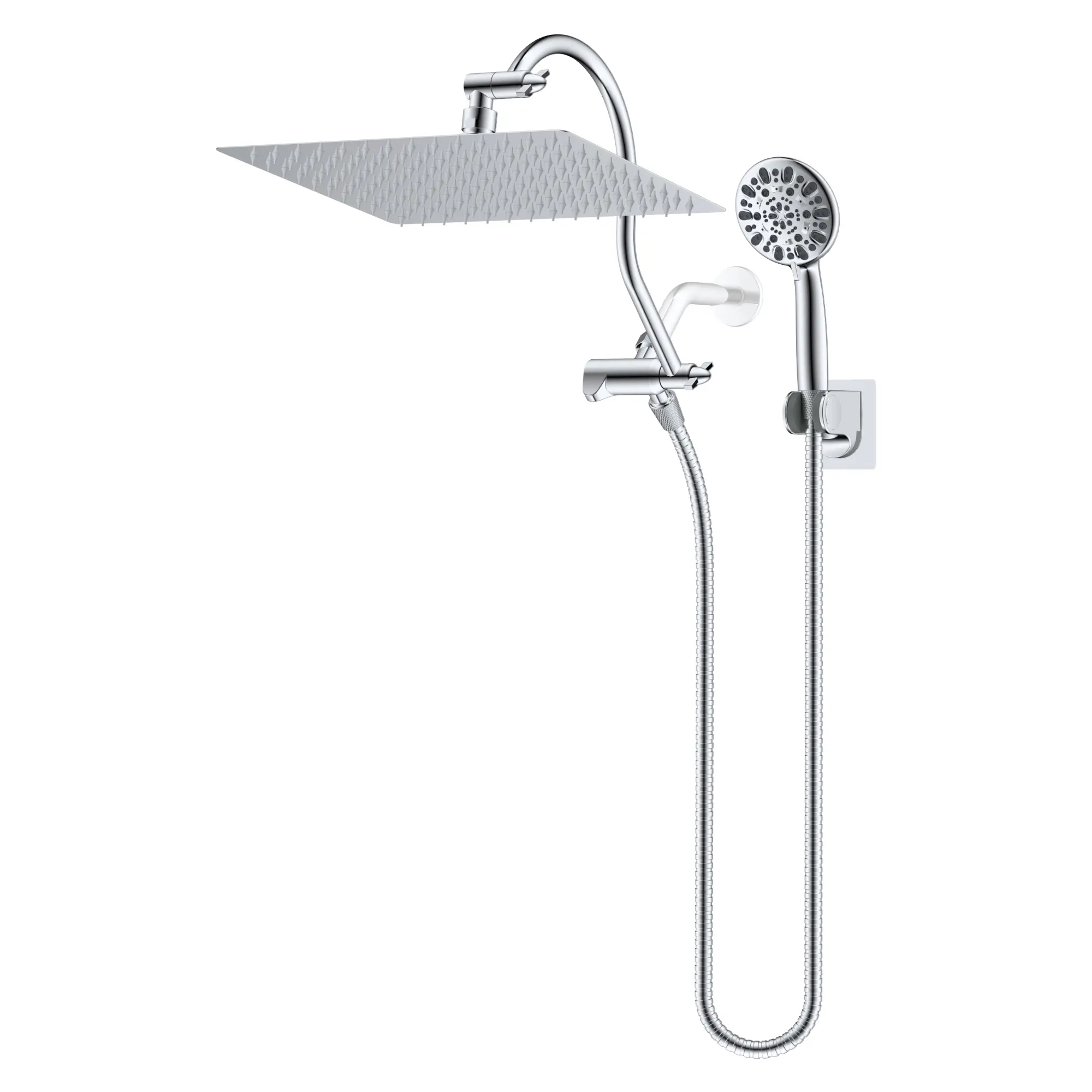 Hibbent All Metal High Pressure Rainfall 12 Inch Shower Head/Handheld Showerhead Combo/ 12 Inch Adjustable Curved Shower Extension Arm, 7-Spray, 71-inch Hose, Adhesive Showerhead Holder, Matte Black high pressure showerhead combo