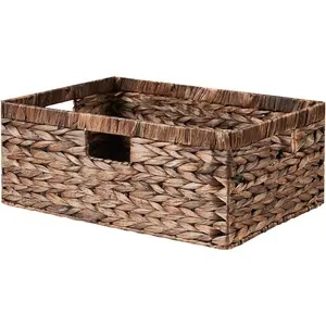 Large Wicker Storage Basket, Woven Basket with Built-in Handles, Water Hyacinth Basket Storage, Rectangular Organizer Basket, Natural Wicker Baskets (Brown Water Hyacinth 16.5 x 12.6 x 6.7)