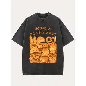 Men'S 100% Washed T-Shirt with Cute Bread & " is my daily bread" Graphic - Loose Fit Round Neck Short Sleeve Casual Streetwear Top for Thanksgiving & Christmas, Festive Clothing |   Playful Design |   Durable Print, Funny T ShirtsValentine's gift