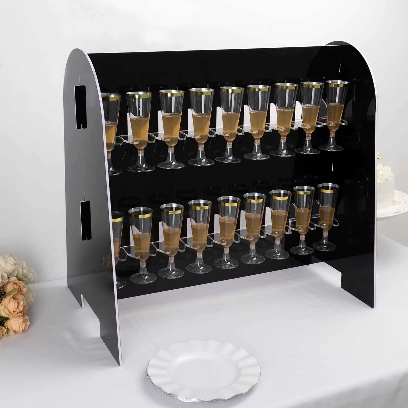 2-Tier Champagne Glass Holder Display Stand Table Top in Glossy Black - Modern Stemware Rack Cocktail Drink Holder with 18 Hooks for Events & DIY Bars 25"