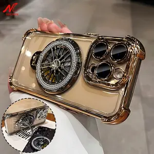Luxury Plating Airbag Rotating Gyro Bracket Case for iPhone 17 16 15 14 13 12 11 Pro Max 16 Plus Magsafe Soft Clear Cover Protector Screen Protector Protection Protective Shockproof Casing Cellphone Smartphone Black
