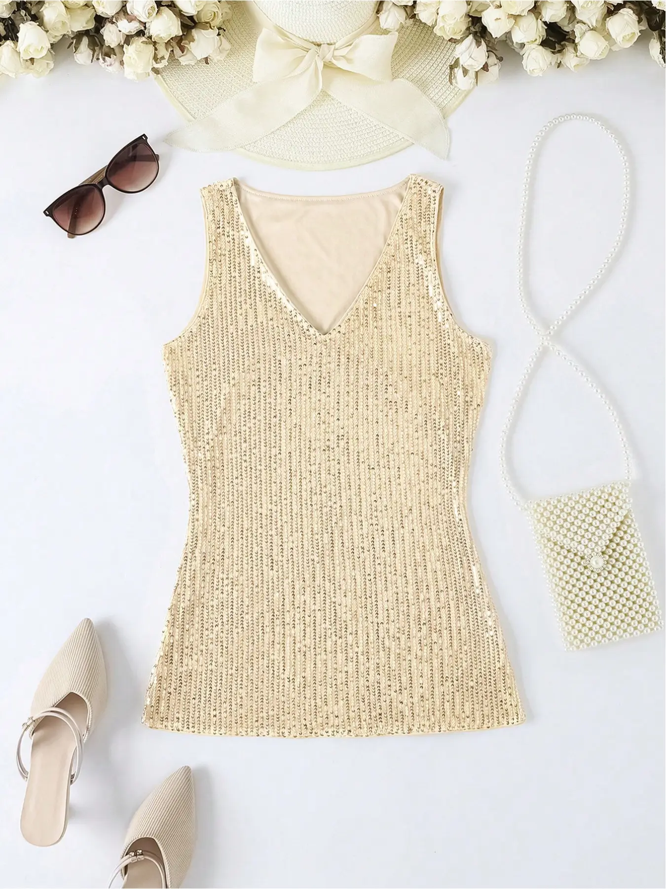 Elegant Women's Sequined V-Neck Sleeveless Vest, Sexy and Chic, Perfect for Parties, Festivals, and Special Occasions