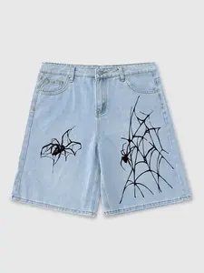 Men's Spider Web Graphic Print Jeans Shorts, Y2K Gothic Street Style, Hip Hop Casual Loose Fit, Summer Daily Wear, Mid Waist Cropped Capri Pants