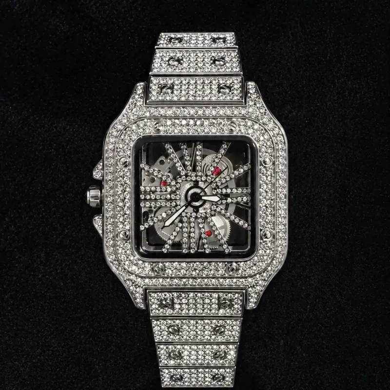 Iced Out Watch Skeleton Dial Gold and Silver Luxury Timepiece with Sparkling Gemstones and Sleek Design