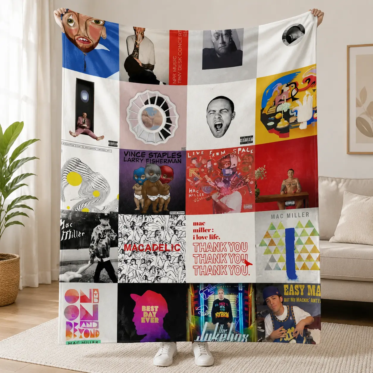 Music Inspired Throw Blanket, Retro Album Style Collage Fleece Blanket, Colorful Graphic Cozy Blanket for Bedroom Couch Decor, Unique Gift Idea for Music Lovers