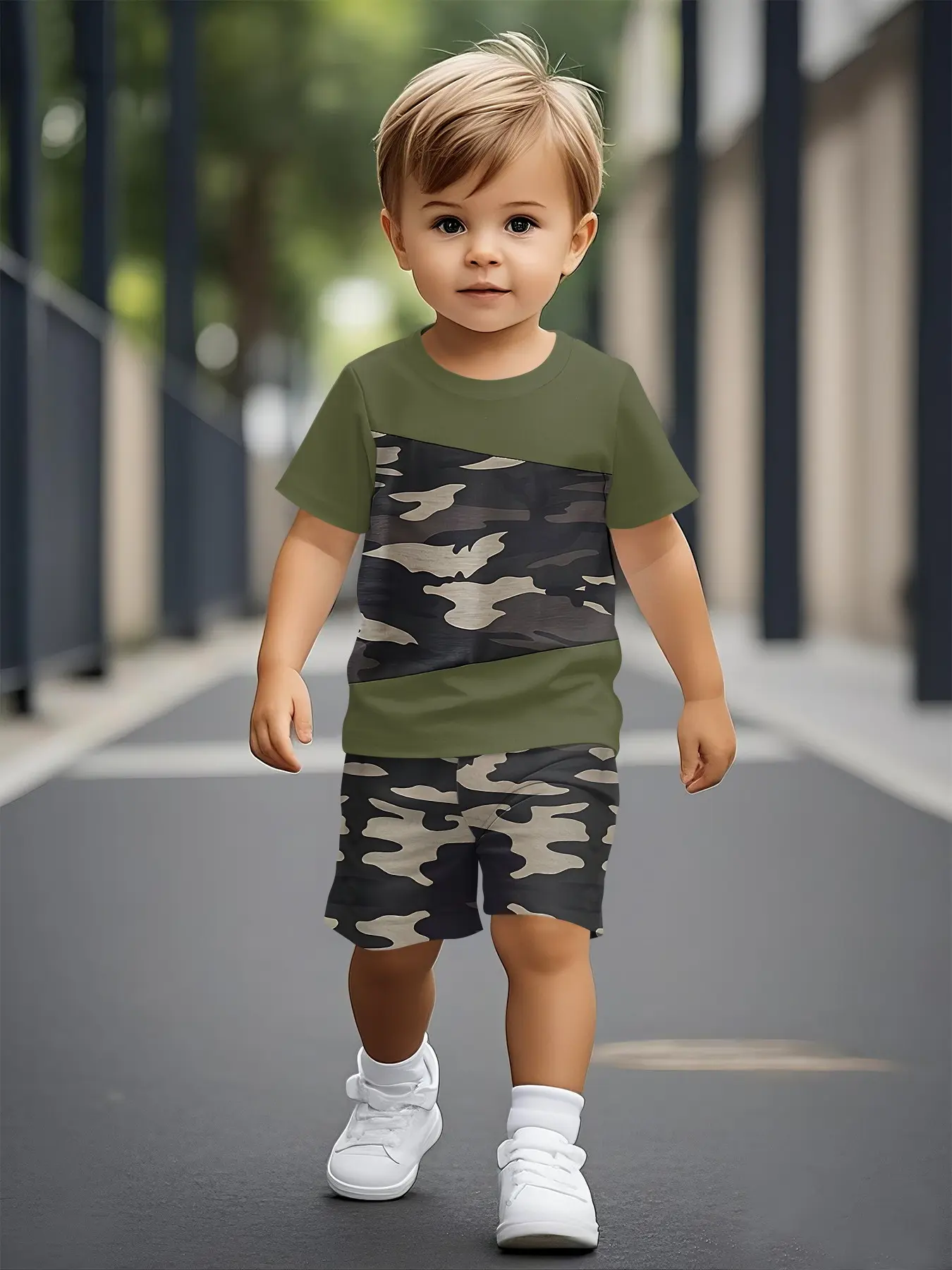 Infant short-sleeve set, Summer clothing set, toddler suit, with army green camouflage splicing and casual prints, suitable for daily wear and outdoor activities, made of 100% polyester