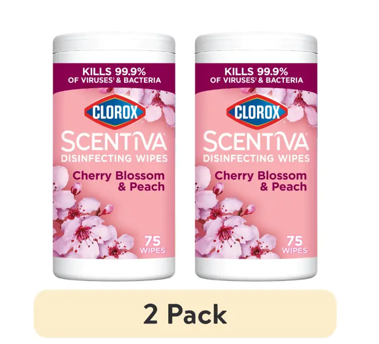 (2 pack) Clorox Scentiva Disinfecting Wipes, Cherry Blossom and Peach, 75 Count