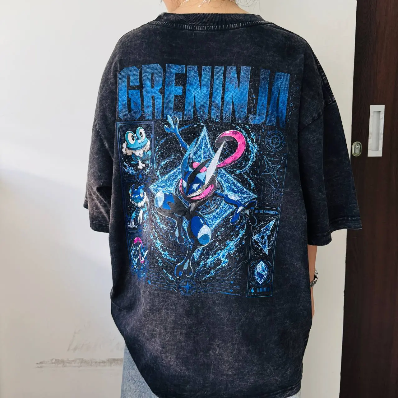 Greninja Graphic T-Shirt, Vintage Washed Black Oversized Tee, Anime Front & Back Print, Unisex Streetwear Shirt