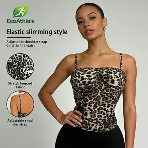 【EcoAthleis 】Women's Sports Vest Leopard Print Stretch Slim Fit Adjustable Straps Cinched Waist Elastic Slimming Style