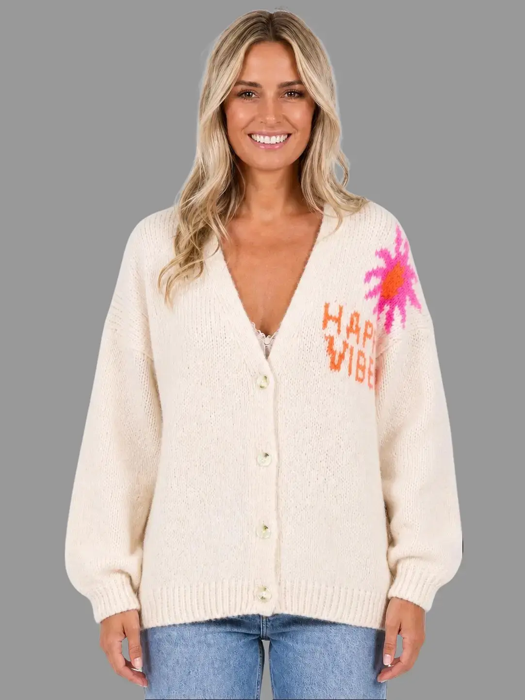 Hilogo Women's 100% Polyester Happy Vibes Sunflower Graphic Long Sleeve Casual Fashion Knit Cardigan - Cozy Open Front Y2K Aesthetic Top, TikTok Shop USA Compliant Knitwear Womenswear