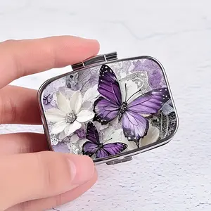 Vintage Floral Design Butterflies & Flowers Pill Case, Portable Rectangular Plastic Pill Box with Mirror & 2 Compartments