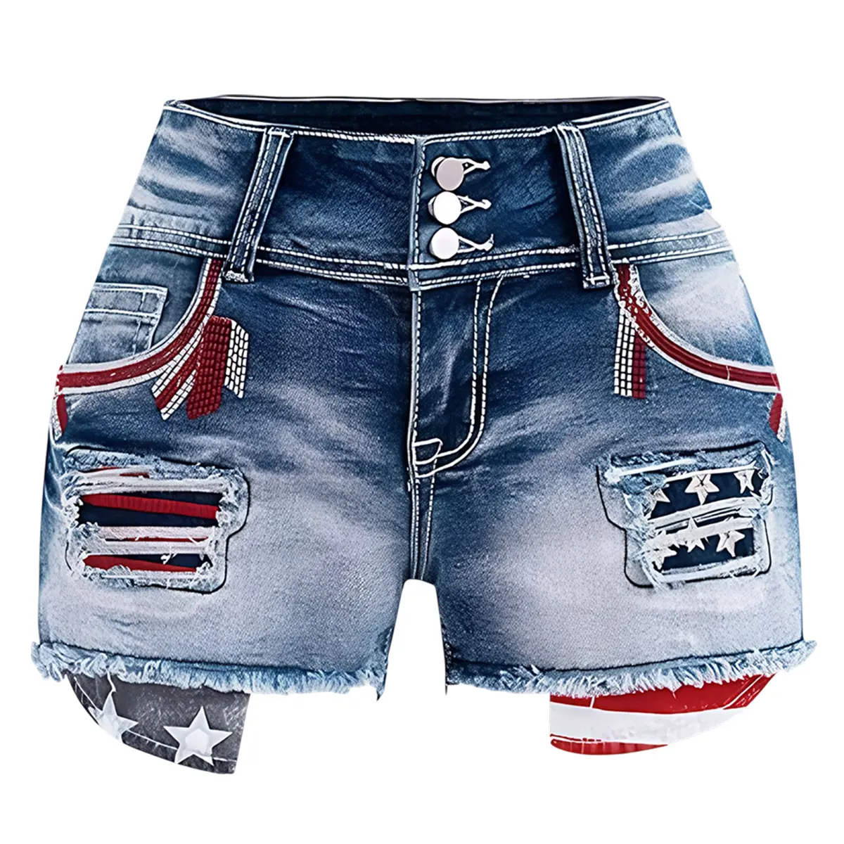4th of july shorts Womenswear Bottom Women's Denim Shorts, Flag Embroidered Mid-Waist Elastic Short Pants, patriotic shorts for women, Casual Eyelet Design, for Daily Wear, American Flag Independence Day outfits Summer Everyday Beach Lightweight Style