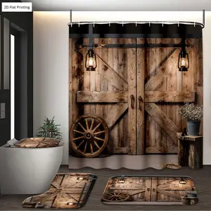 1/3/4PCS Rustic Wooden Barn Doors with Lanterns and Wheel Shower Curtain Set with Rugs, Non Slip Bath Mat, U-Shape Carpet, Toilet Lid Cover, Bathtub Curtain Accessories, 12 Hooks, Shower Curtain Rod, Home Bathroom Festival Decor
