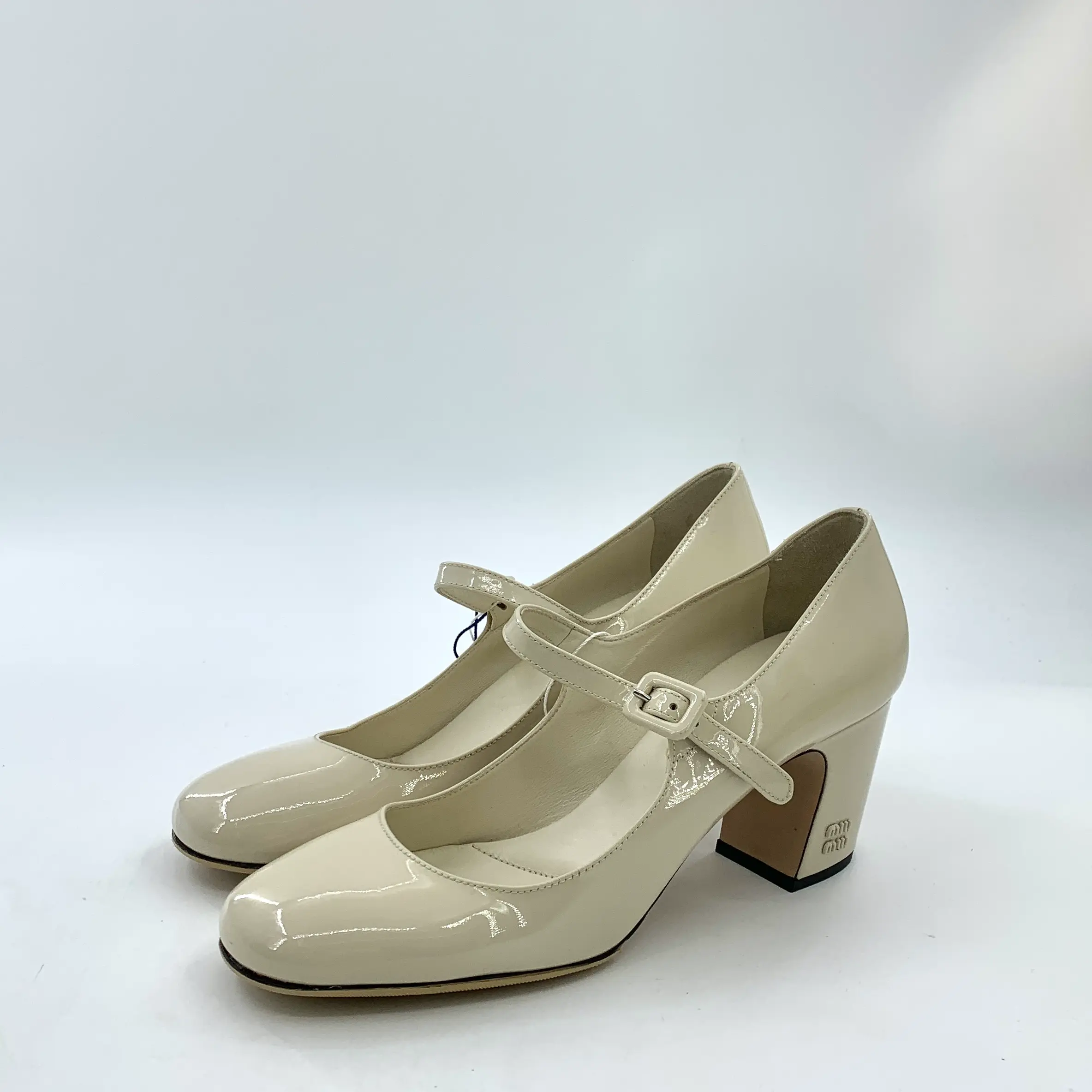 RDLT-Miu Miu Beige Patent Leather Mary Janes One-Strap Block Heels Size 39-X34099