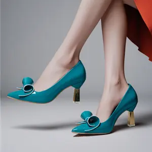 Women's Turquoise Pointed Toe high heels with bow accent - All-Season block mid heel shoes, Cushioned Insole & Non-Slip TPU Sole - Formal & Everyday Women's Dress Shoes, High Heel Shoes, Glossy Finish Footwear