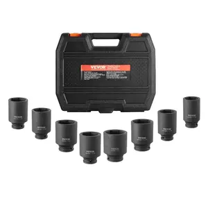 VEVOR Axle Nut Impact Socket Set, 1/2 Drive Deep 12-Point 8-Piece Metric Spindle Nut Socket Set, CR-MO Heat Treated Large Socket Set with Storage Case, Auto Repair, Removing or Installing Axle Nuts