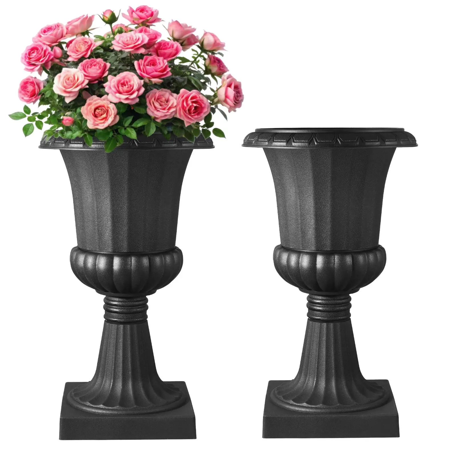 【SummerFinds】VEVOR Plastic Urn Planters, 15.8 x 26.4 Inch, 2 Pack Black Classic Flower Pots Front Porch Planters, Indoor & Outdoor Vase for Wedding, Party, Event, Home, Stage, Garden, Balcony, Patio Decoration