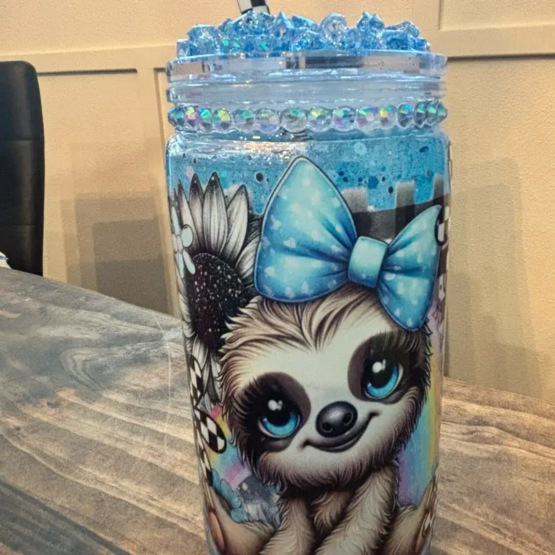 16oz Acrylic Blue Sloth Snow Globe Tumbler, Cute Glitter Cup, Sloth Lover Gift
