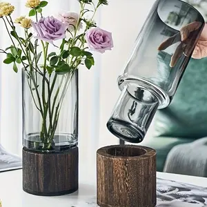 Elegant Glass Vase with Wooden Base, Perfect Living Room and Dining Table Decoration, Ideal Gift for Friends and Family