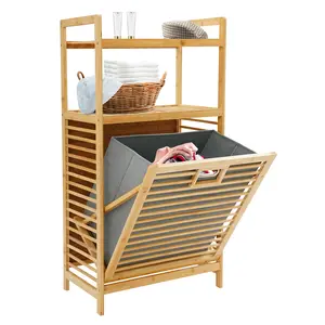 CNCEST Bamboo Clothes Organizer with Oxford Cloth 3-Tier Storage Shelf for Laundry Room Tilt-Out Basket for Efficient Clothing Organization Natural Bamboo Laundry Basket with Hollow Structure Design