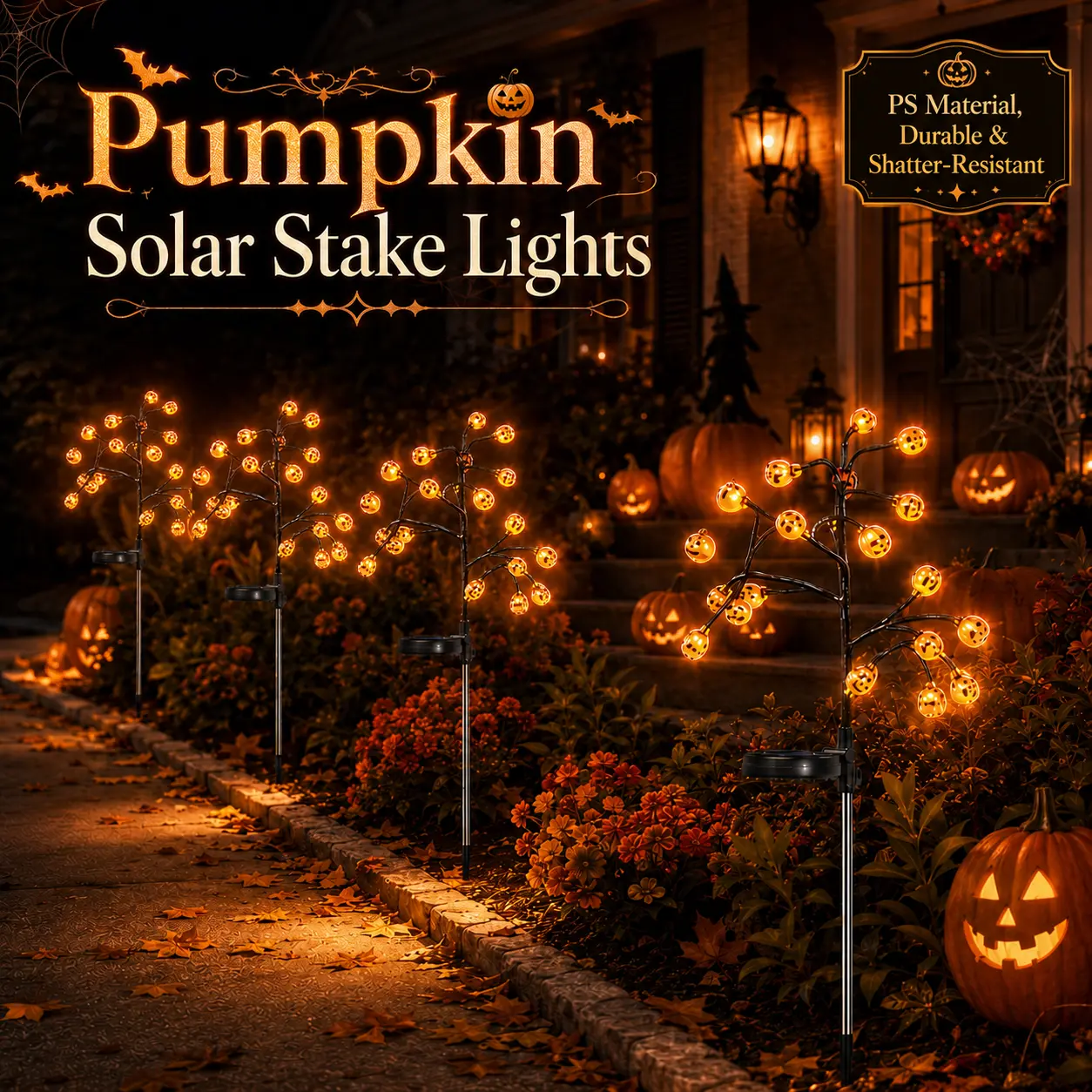 Solar Pumpkin Stake Lights Durable PS Pumpkin Heads,20-Head Halloween Garden Lights with 8 Lighting Modes & Auto On/Off, Outdoor Pathway Yard Lawn Decor, 2/4 Pack