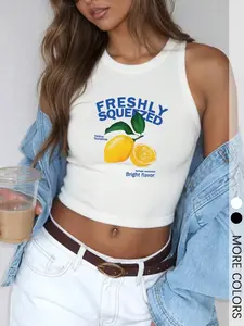 Women's Lady Summer New Lemon Holiday Pattern Round Neck Sleeveless Short Vest, Fitted, Knit, Fresh Simple Daily Wear, Casual Style, Moderate Fabric, Womenswear, Tops