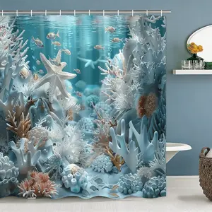 Blue Ocean Shell Starfish Coral Shower Curtain Set with Mat, Non-Slip Bath Rug, U-Shaped Pad, Toilet Lid, 71x71 Inch, 12 Hooks, Bathroom Decor