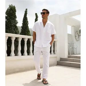 RPOVIG Linen Shirt Pants Outfits:Men's Linen Sets 2 Piece Short Sleeve Shirts Yoga Pants Beach Wedding Clothes Menswear men's 2 piece set