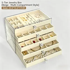 Father's day gift  Upgraded 5-Tier Jewelry Box, Elegant Gray & Beige Multi-Compartment Organizer with Drawers for Earrings Rings, Anti-Tarnish Large Capacity Storage Case  trinket trade box bedroom storage