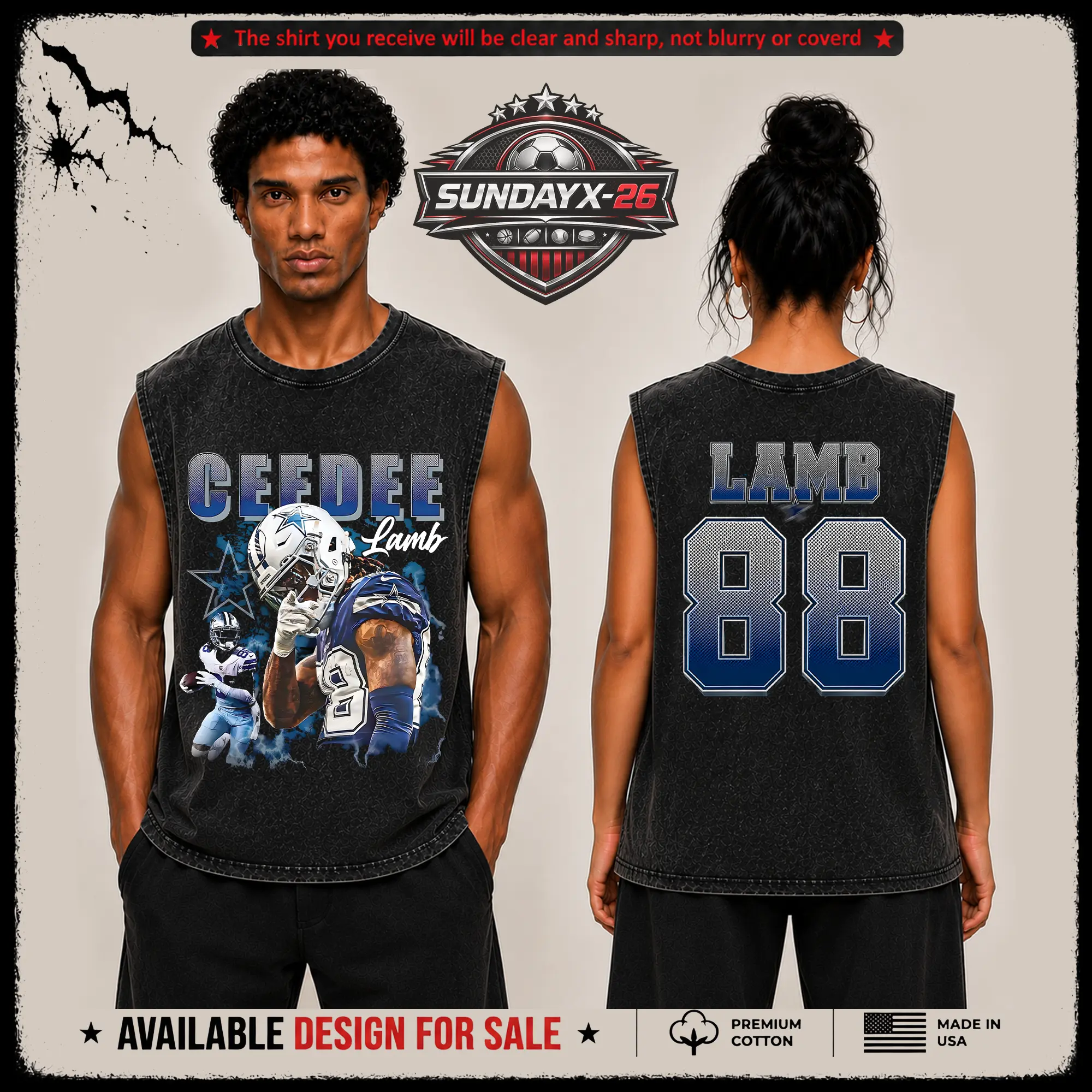 [X-26] CD Lamb 88 Graphic Premium Acid Washed Tank-Top (Made in US), Cowboys Football Fans Fits High Quality 100% Cotton Sleeveless Shirt, Cowboys Nation Outfit, Gift for Football Fans, Boyfriend