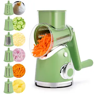 SUSTEAS New Rotary Food Cheese Grater with 6 Replaceable 18/10 Stainless Steel Blades Strong Suction Base Kitchen Utensils Vegetable Slicer for Ice Shredder
