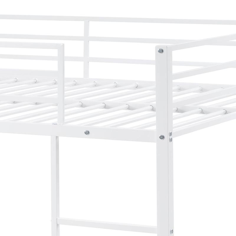 Full Over Full Bunk Bed, Heavy Duty Metal Bunk Bed Frame with Built-in Ladder and Safety Guard Rail, Low Metal Bunk Bed Frame for Kids, No Boxspring Required, For Small Spaces, White
