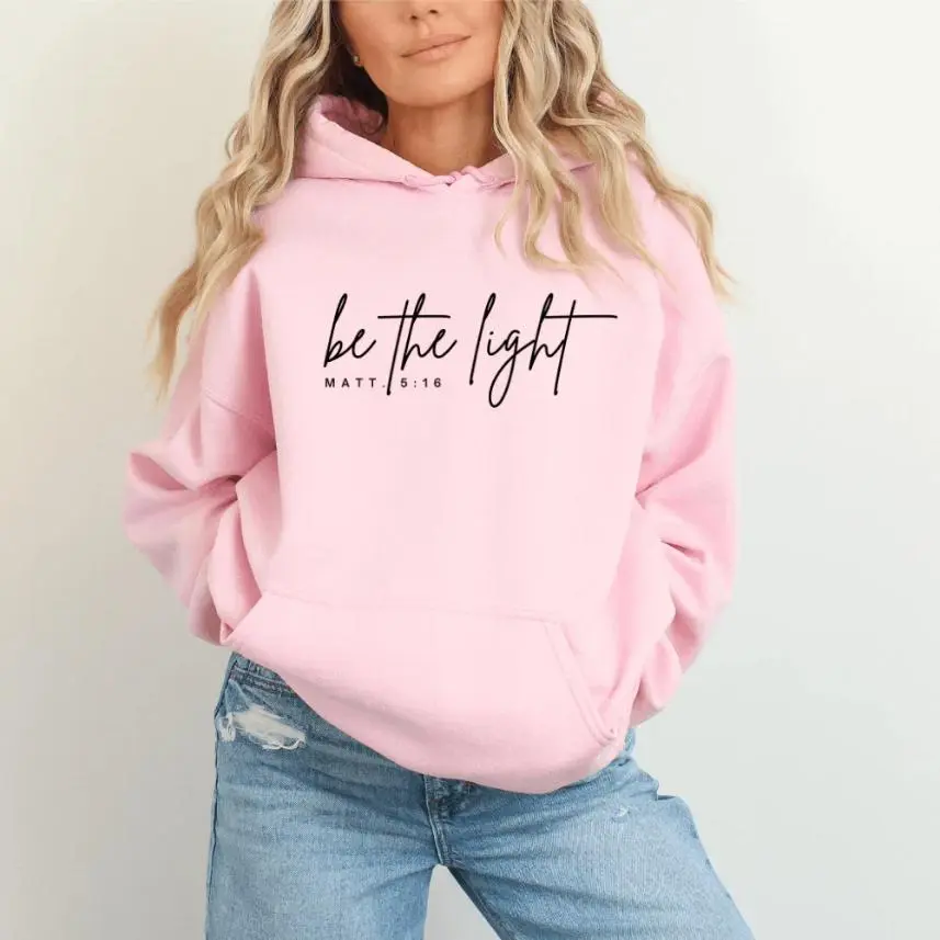 Women's Hoodie Sweatshirt, Be The Light Affirmational Text Graphic, Kangaroo Pocket, Drawstring, Lightweight Fabric, Layering Outfits Essential, Versatile for Tee Pairing, Men's Option Available