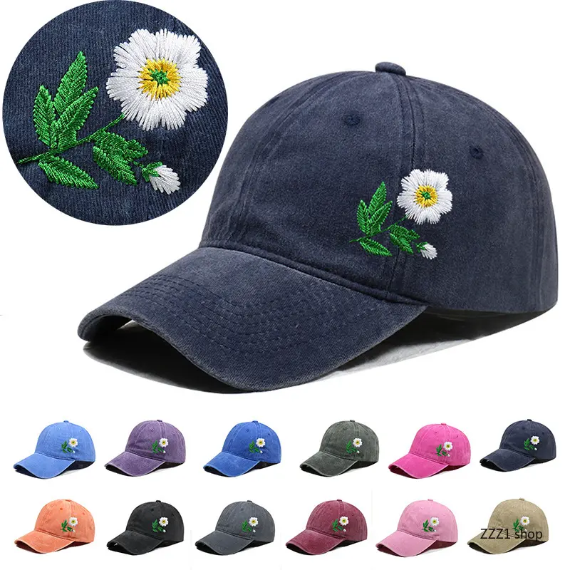 Embroidered Baseball Cap — Vintage Washed, Botanical Embroidery, Curved-Brim Hat — Summer Sun Hat for Women (Dad Hat Style),summerwins