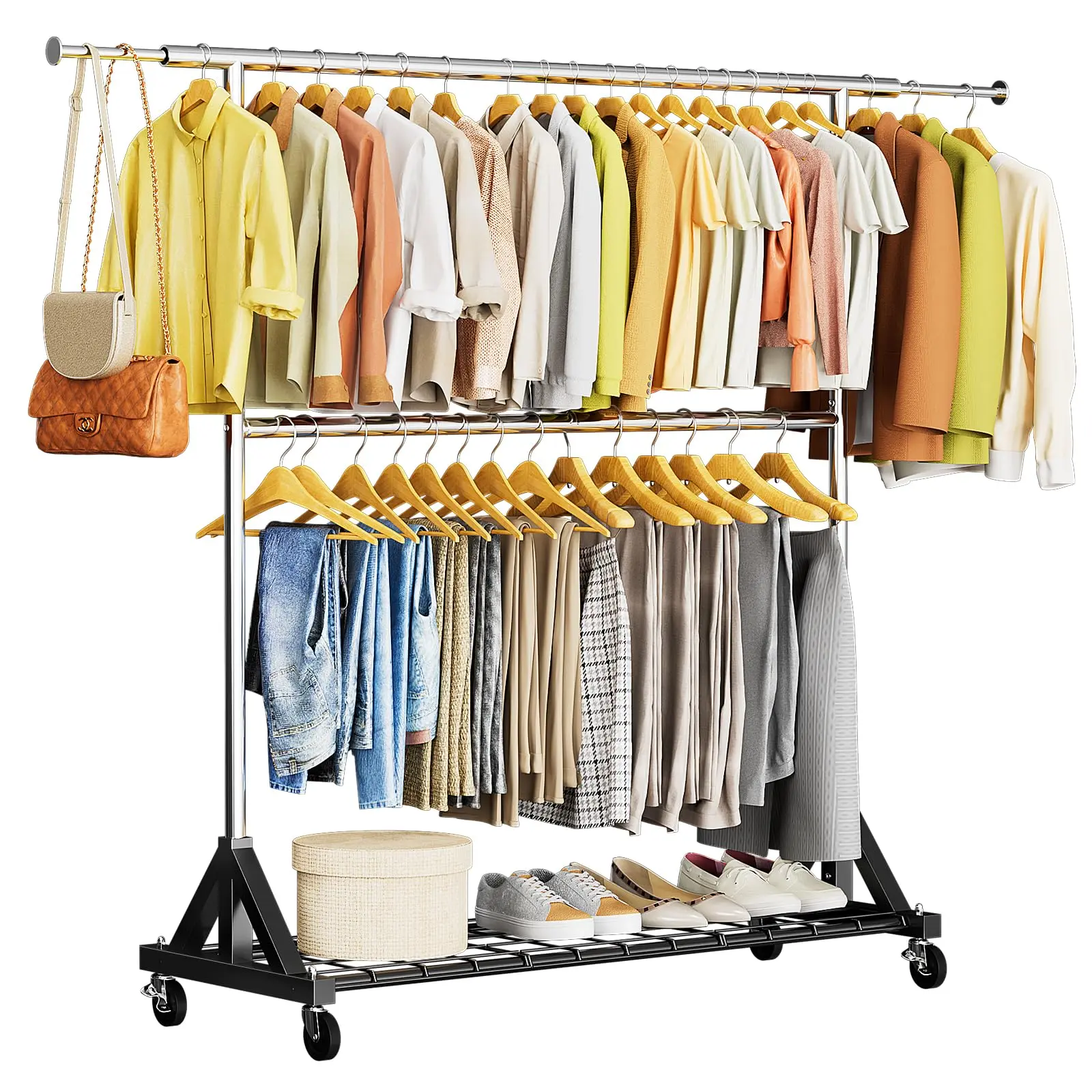 Heavy Duty Clothes Rack Load 600 LBS, Double Rod Clothing Rack, Rolling Garment Racks with Lockable Wheels, Shelves, Adjustable Laundry Hanging Racks for Clothes