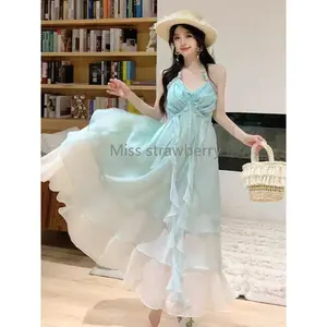 2025 Summer Elegant Sweet A-line Dress Women Fashion Design Loose Slash Neck Sling Dresses Female New Pretty Blue Beach Dress