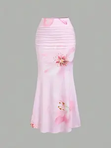 Floral Mermaid Skirt High Waist Ruched Tight Long Dress, Elegant Women's Fashion, Perfect for Parties and Special Occasions