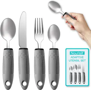 Adaptive Utensils 4pcs For Hand Tremors,Elderly, Arthritis,Parkinsons-Built Up Utensils For Adults 2.5oz Each, Silverware Set With Handle, Flatware Cutlery Set For Seniors